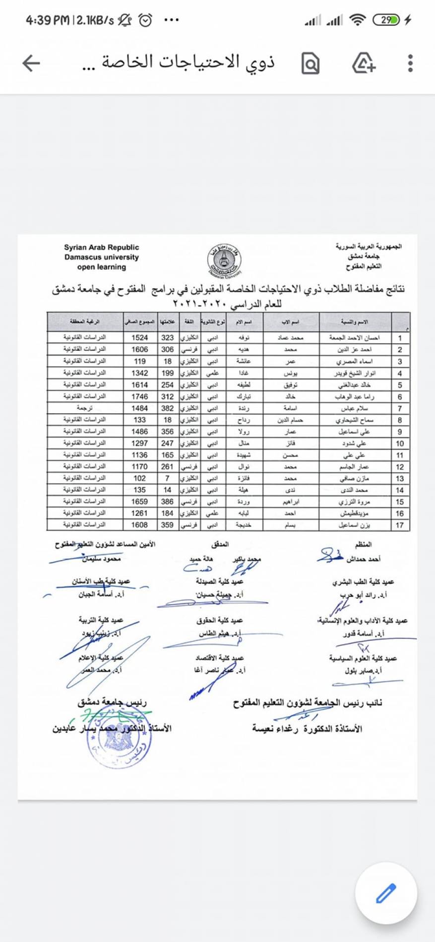نتائج مفاضلة التعليم المفتوح جامعة دمشق 2020 - 2021 (1)