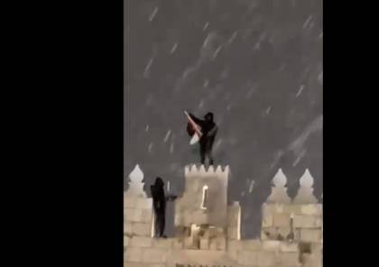 وسط تساقط الثلوج على مدينة القدس.. فلسطيني يعتلي باب العامود ويلوح بالعلم (فيديو)