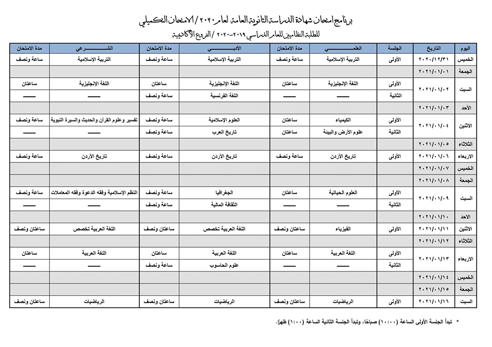 الأردن .. جدول امتحانات الثانوية العامة 2020 برنامج ...