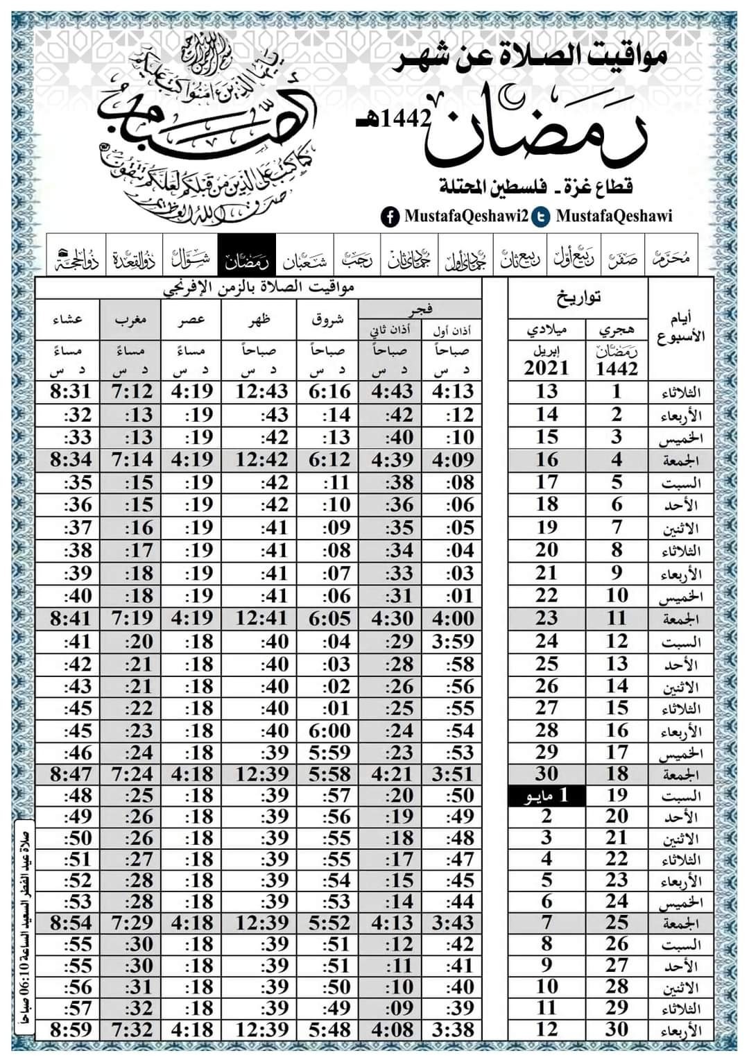 امساكية رمضان ٢٠٢١